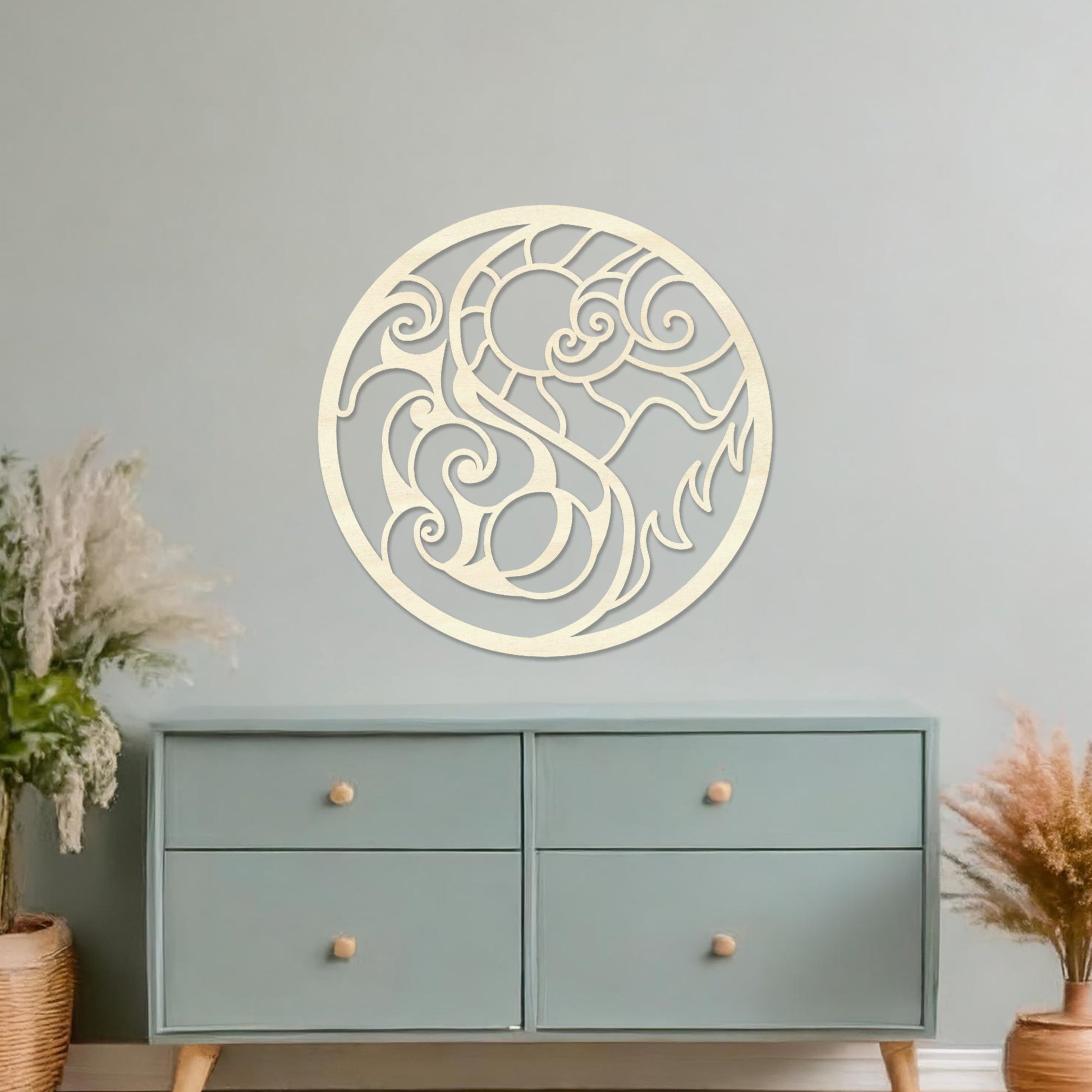 Wall art featuring a circular design with intricate swirls and flame-like patterns, combining fluid and dynamic elements. The piece is displayed on a neutral wall within modern decor, adding a bold and artistic focal point to the space.