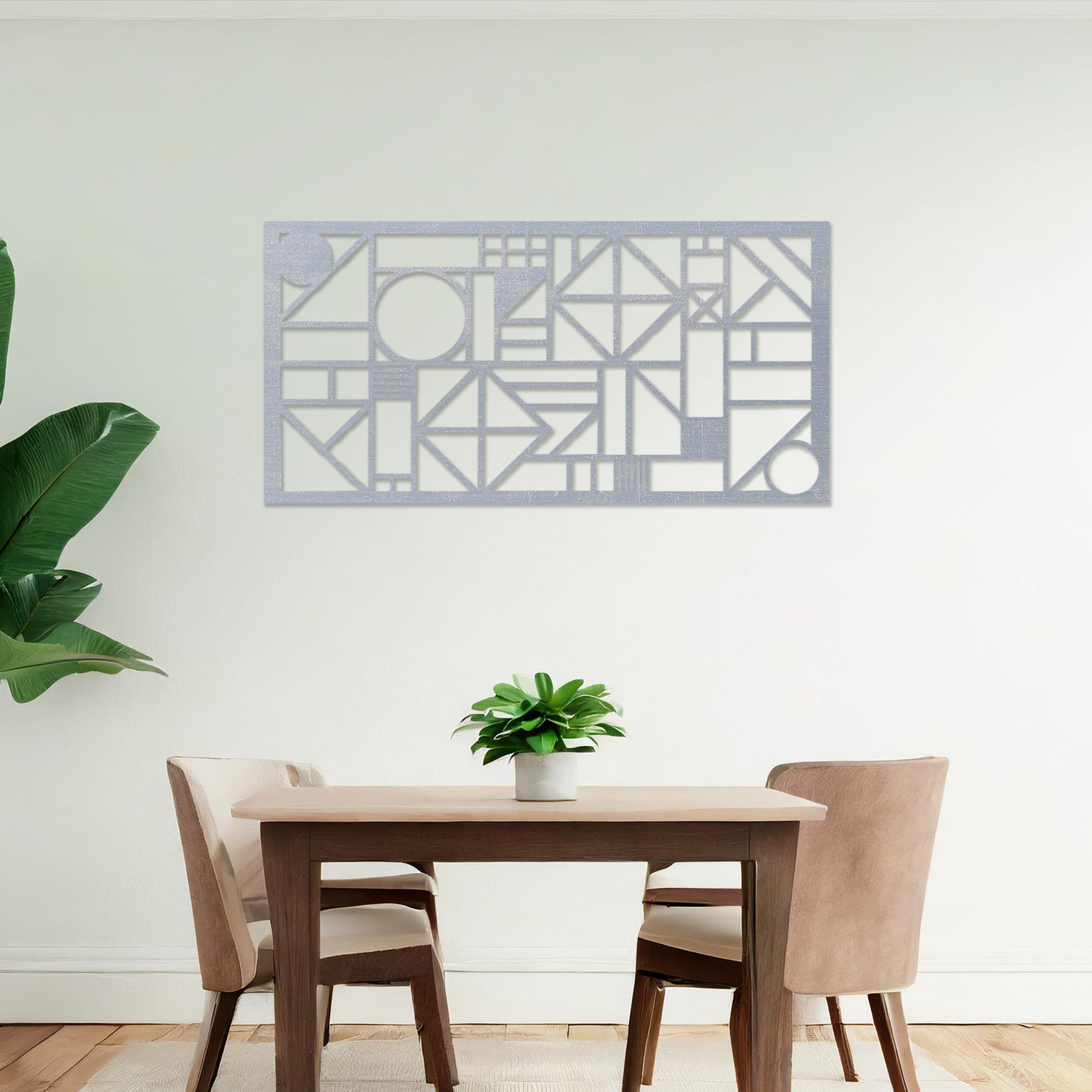 Wooden wall art design featuring a geometric composition with abstract shapes and patterns, placed on a neutral wall within modern room decor. The design combines dynamic lines and forms for a bold, contemporary look.