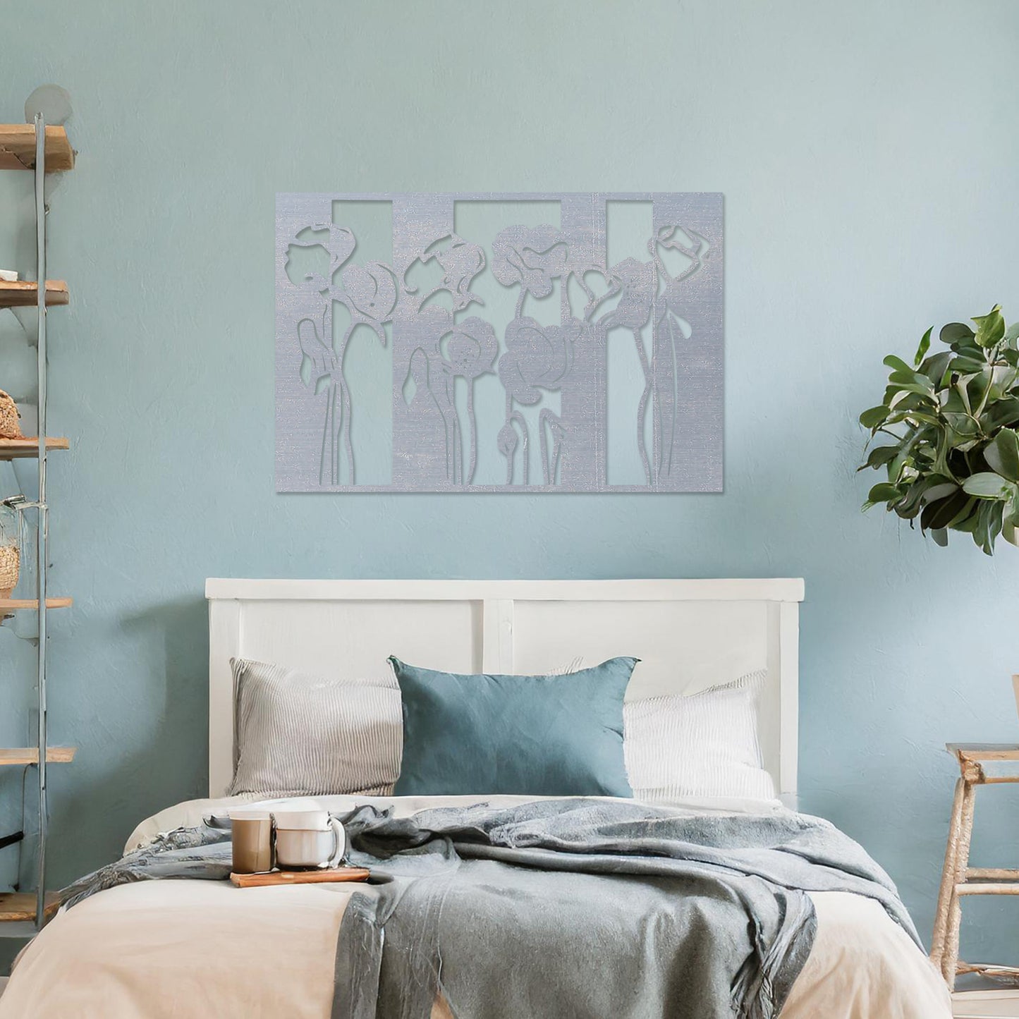 Wall art featuring a floral design with stylised poppy flowers arranged in vertical panel. The piece is displayed on a neutral wall within modern room decor, enhancing the serene and elegant atmosphere of the space.