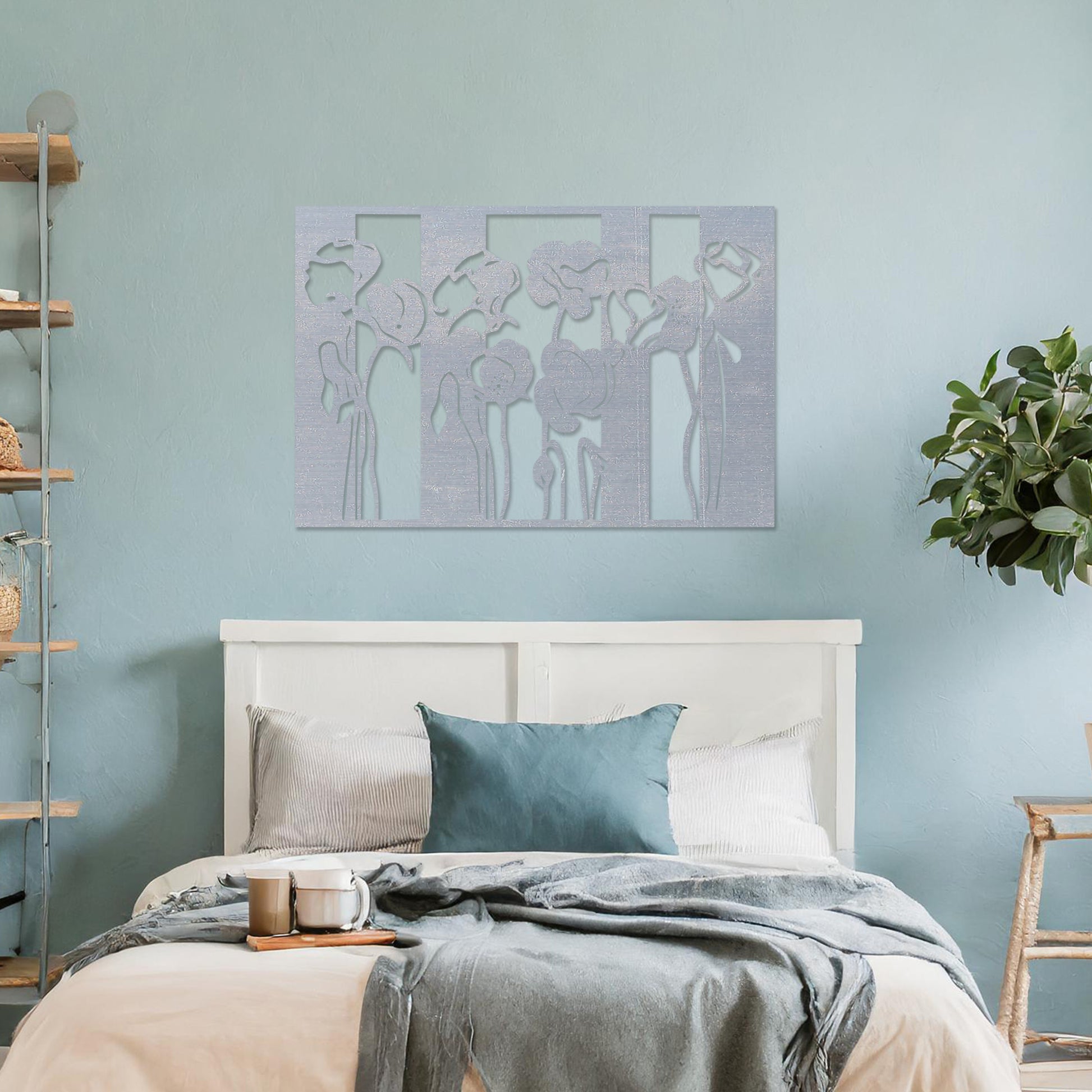 Wall art featuring a floral design with stylised poppy flowers arranged in vertical panel. The piece is displayed on a neutral wall within modern room decor, enhancing the serene and elegant atmosphere of the space.