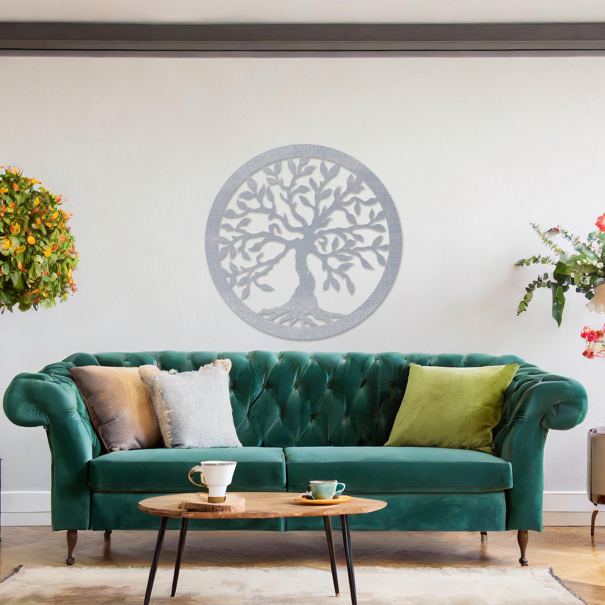 Round wooden wall art featuring an intricately designed tree with sprawling branches and delicate leaves, placed on a neutral wall within a modern setting. The art adds a natural and stylish focal point to the room.