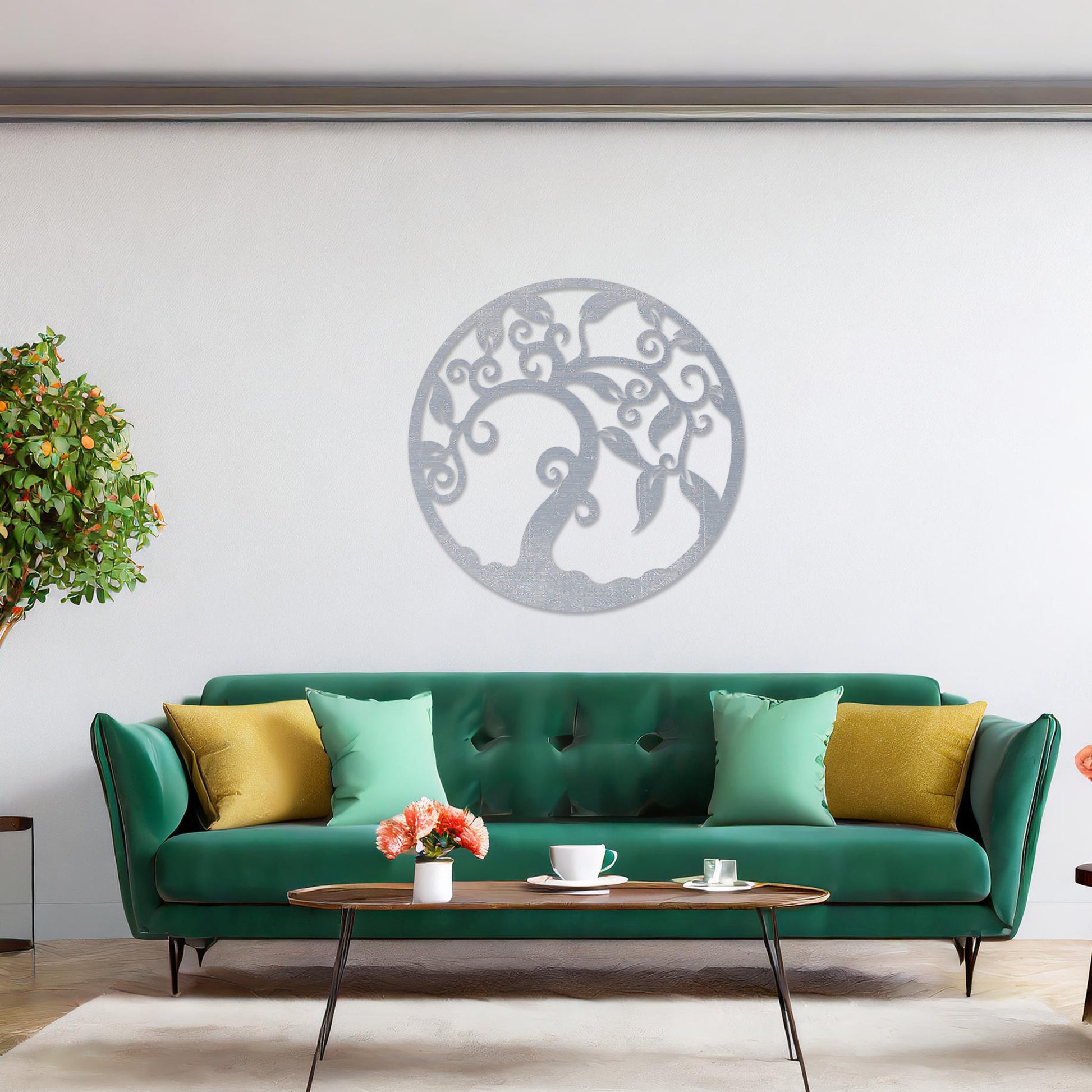 Wooden wall art design featuring a swirling tree with curved branches and leaves, framed in a circular shape, placed on a neutral wall within modern room decor. The design highlights elegant, flowing forms for a peaceful, organic look.