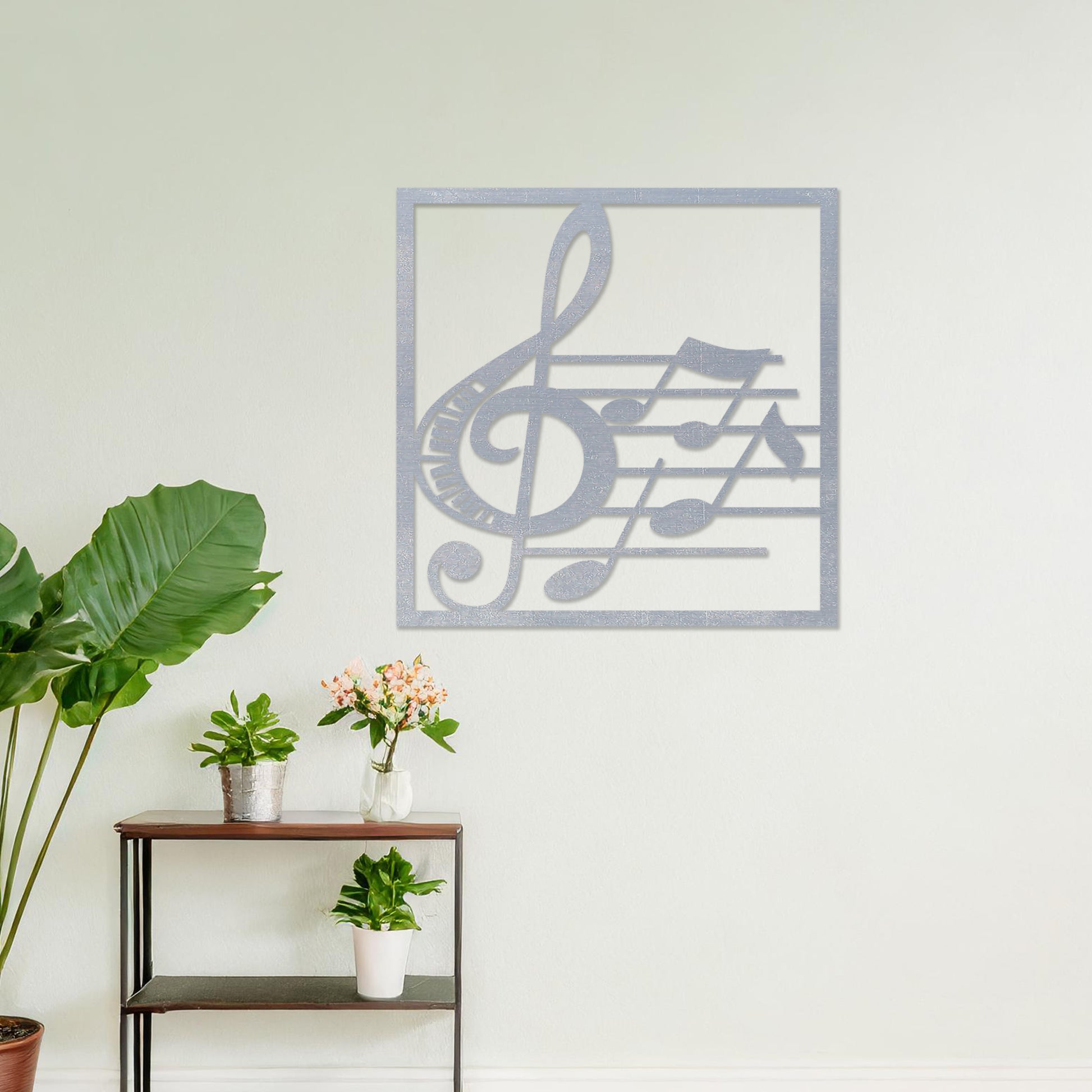 Wooden wall art featuring a musical design with a treble clef, musical notes, and staff lines, displayed on a neutral wall within modern room decor, highlighting its artistic and creative craftsmanship.