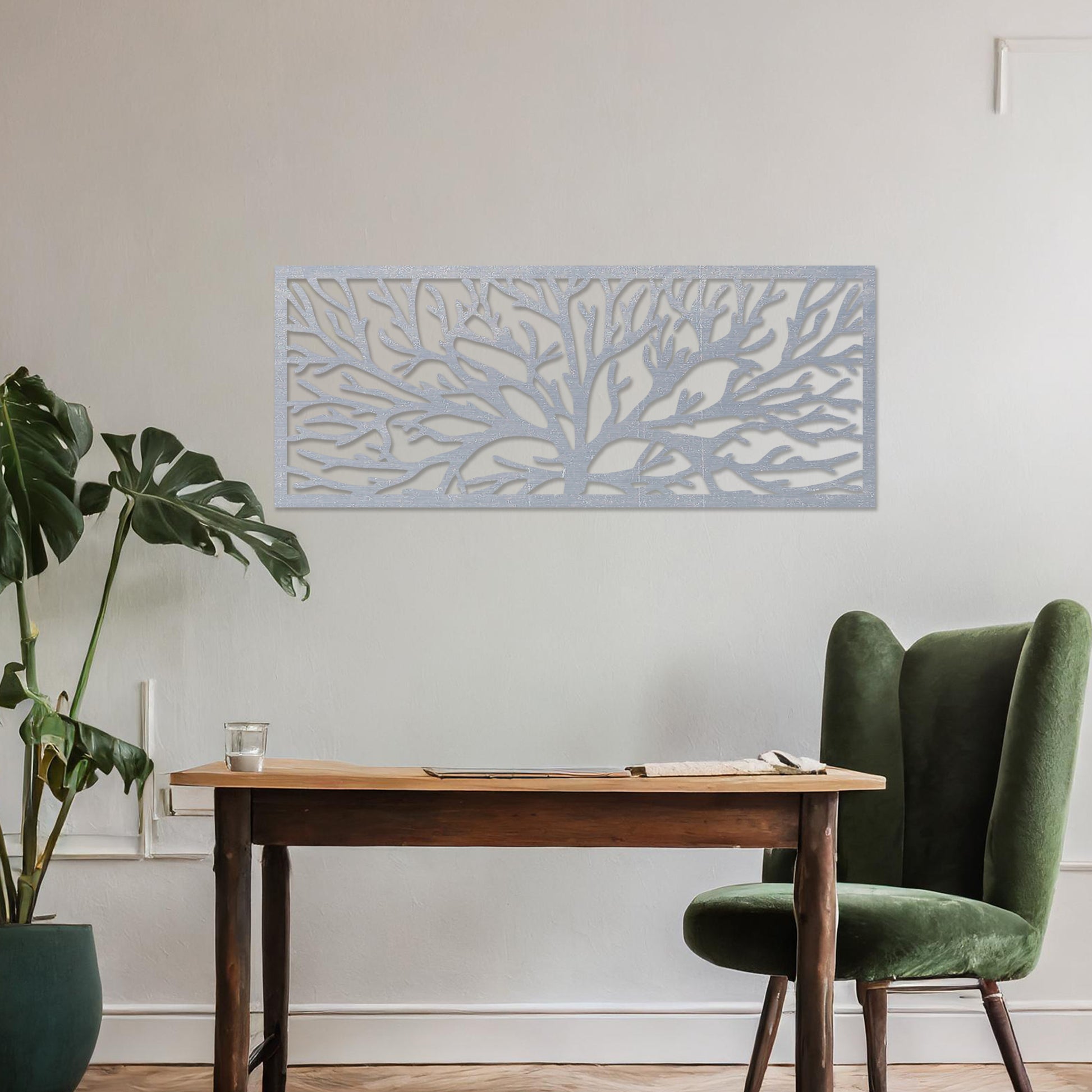 Wall art featuring a horizontal tree branch design with intricate and detailed branching patterns. The piece is displayed on a neutral wall within modern office decor, adding a natural and contemporary element to the space.