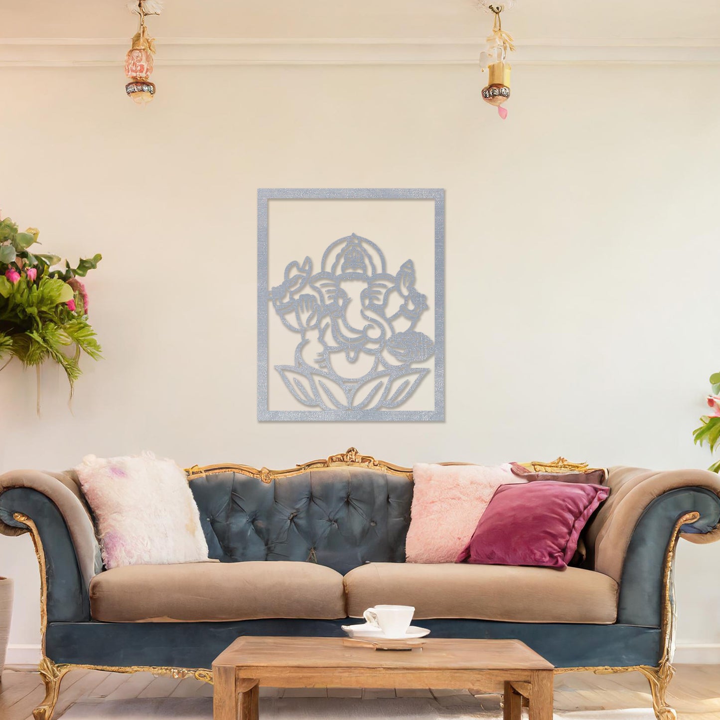 Wooden wall art featuring a framed design of Lord Ganesha sitting on a lotus flower with intricate details. The artwork is displayed on a neutral wall within modern room decor, highlighting its cultural and artistic elegance.