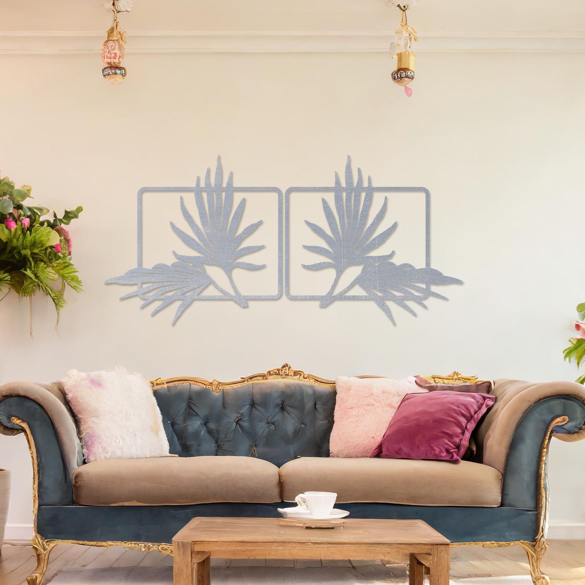 Wooden wall art featuring two symmetrical palm leaf designs within rectangular frames. The artwork is placed on a neutral wall in modern room decor, showcasing its elegant natural motif.