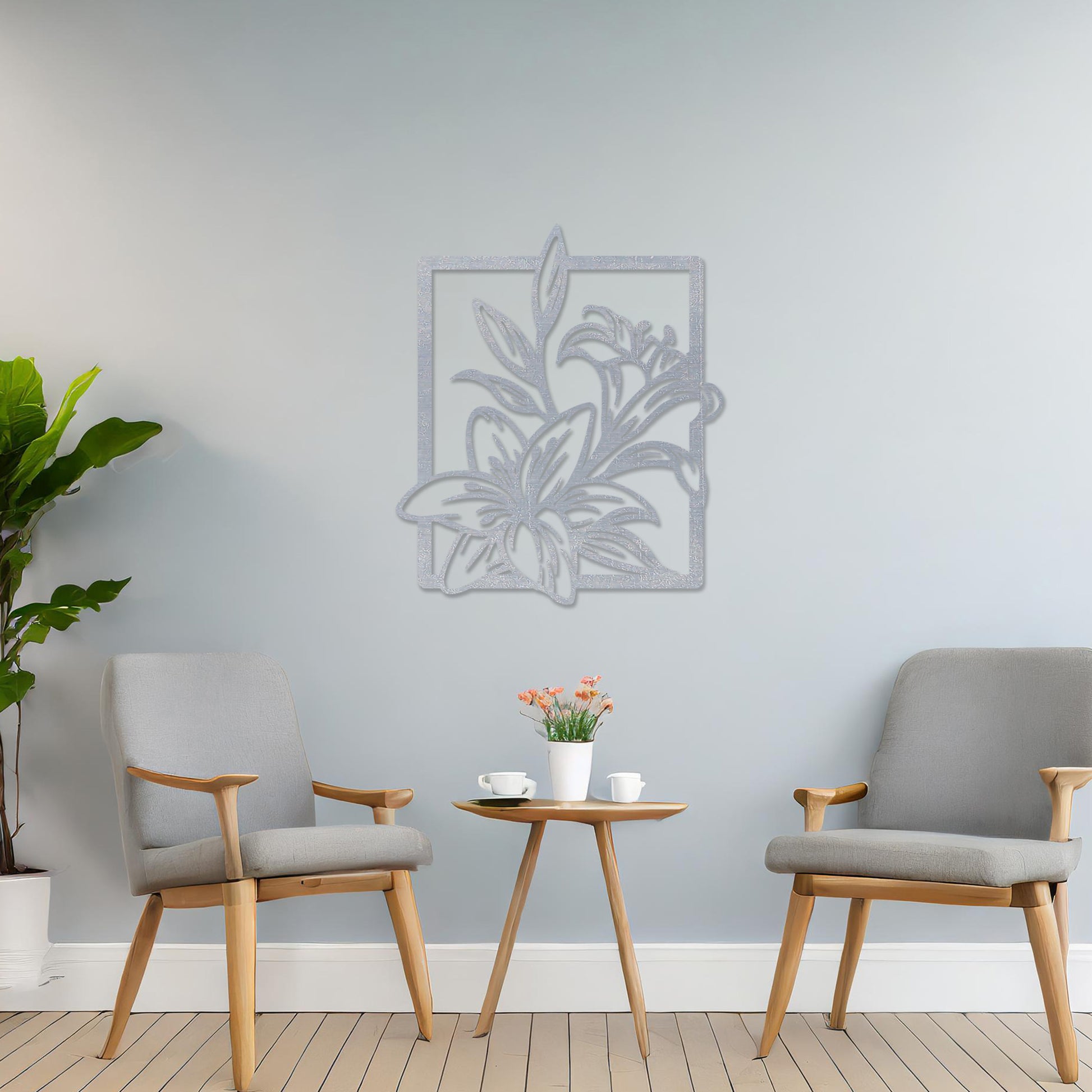 Wooden wall art featuring a delicate floral design with intricate details of lilies and leaves, placed on a neutral wall within a modern room decor, showcasing its elegant and timeless craftsmanship.