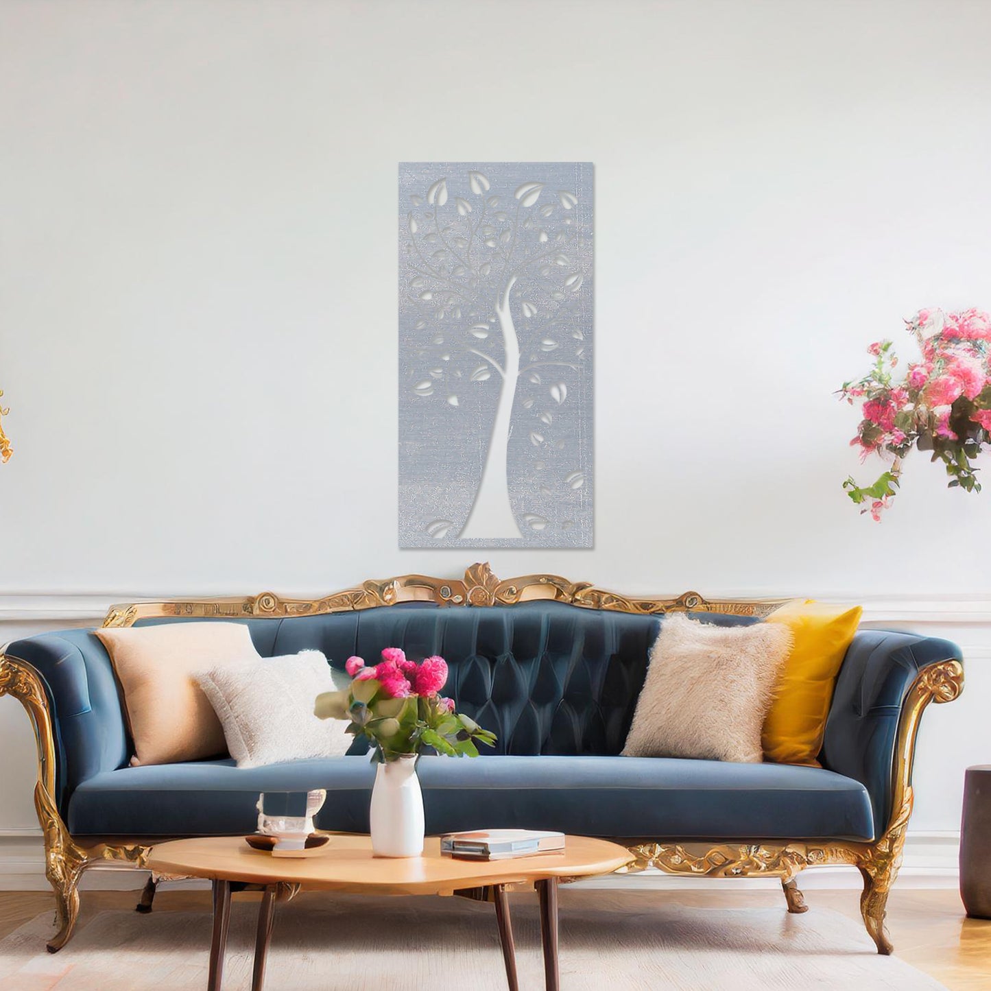 This design showcases a stylized tree with intricate branches and falling leaves, all within a vertical frame. The delicate detailing evokes natural beauty, adding an elegant touch to any modern room.
