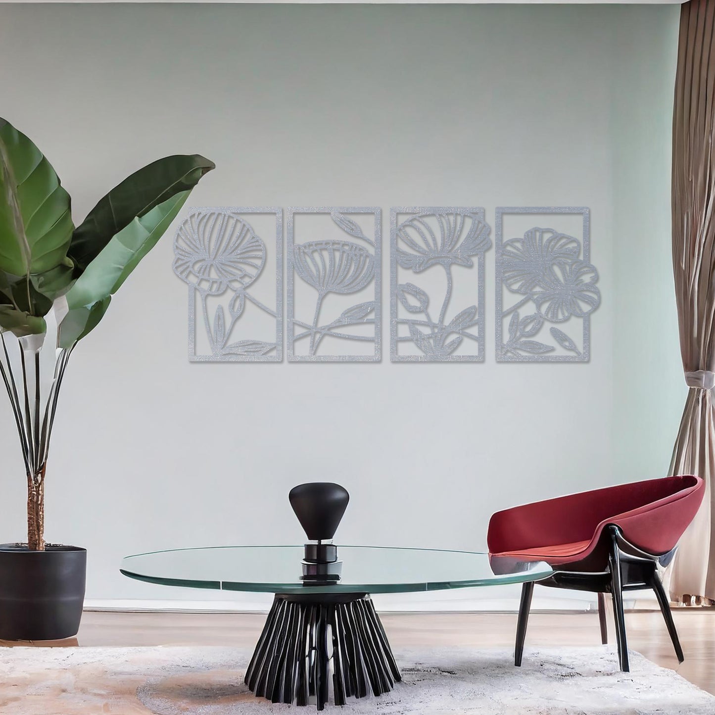 Wooden wall art featuring a four-panel design with intricate floral patterns of blooming flowers and leaves. The artwork is displayed on a neutral wall within modern room decor, highlighting its natural and elegant aesthetic.