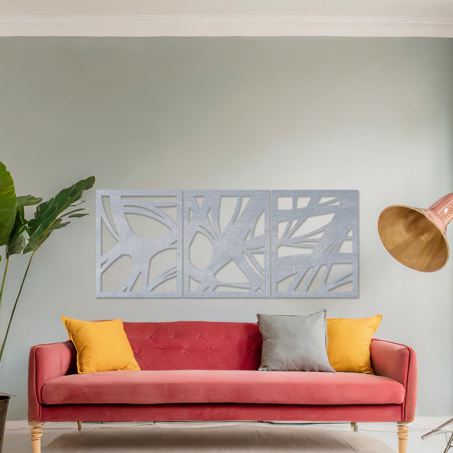 Wooden wall art design featuring a three-panel abstract composition with flowing, organic shapes and cutouts, placed on a neutral wall within modern room decor. The design blends dynamic movement and minimalism for a contemporary look.