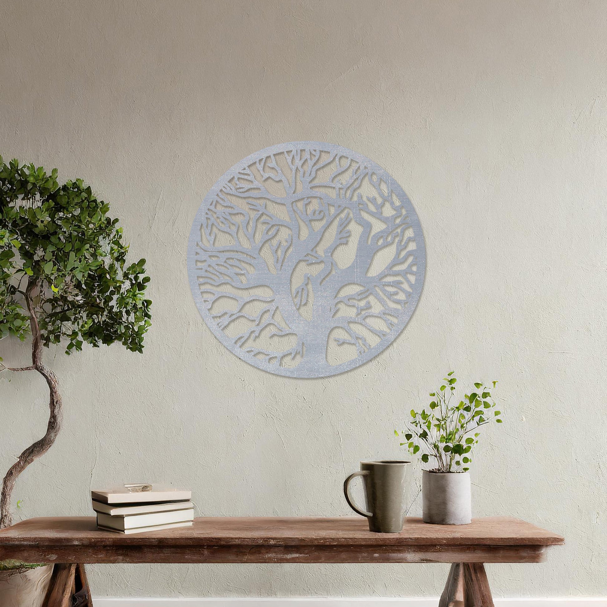 This design showcases a tree with intricate branches within a circular frame, offering a natural, organic look. Its detailed pattern symbolizes growth and connection, adding elegance to contemporary spaces.