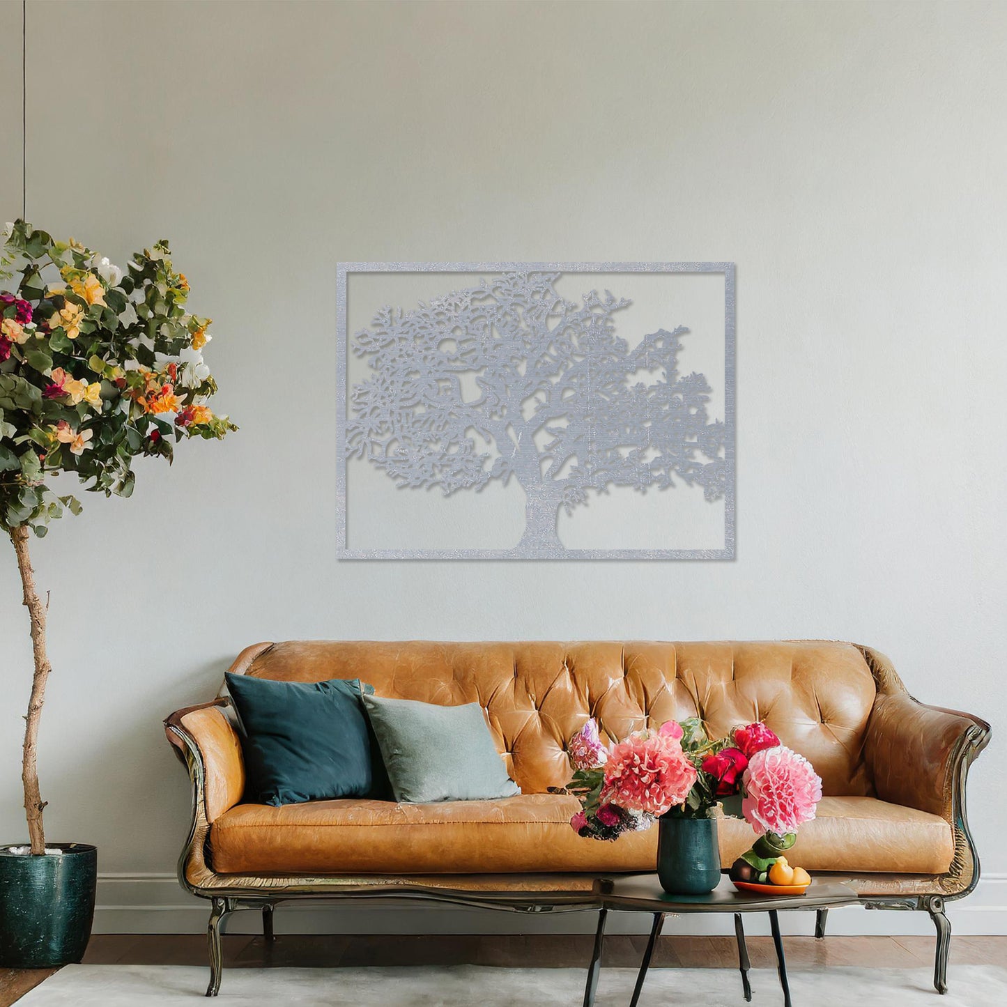 Wooden wall art featuring a rectangular tree design with detailed branches and leaves, displayed on a neutral wall within modern room decor, showcasing its natural and intricate craftsmanship.