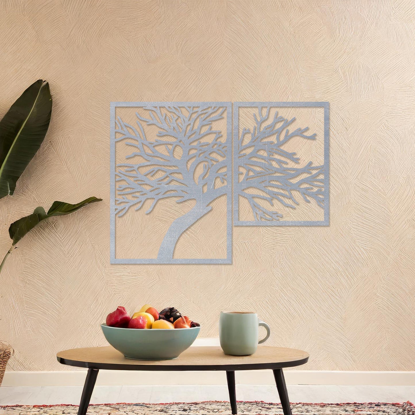 Wooden wall art design featuring a two-panel composition of a bare tree with intricate branches, placed on a neutral wall within modern room decor. The design captures natural beauty with a minimalist, elegant form.