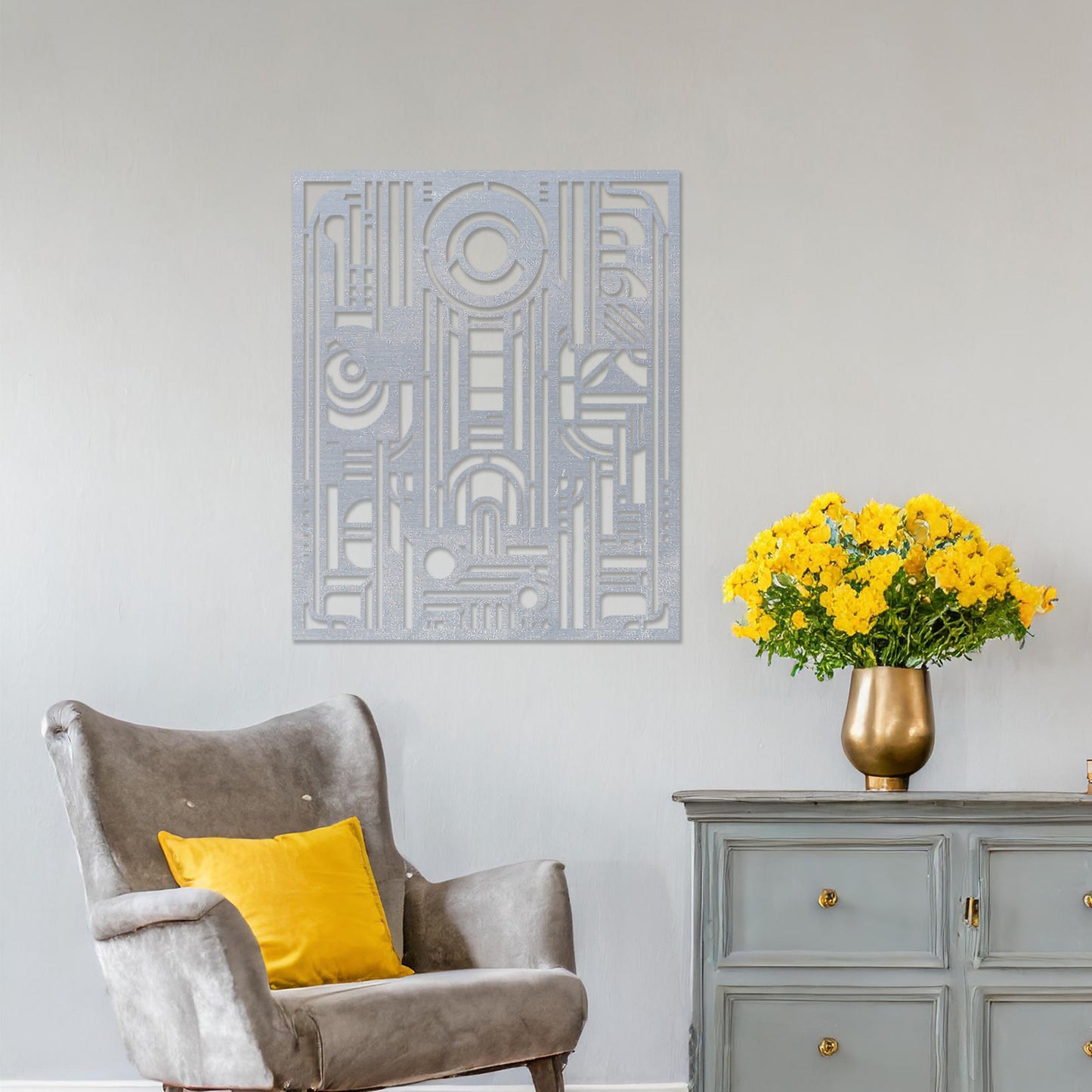 Wall art featuring an abstract geometric design with a combination of circles, lines, and architectural elements. The piece is displayed on a neutral wall within modern decor, adding a bold and contemporary focal point to the space.