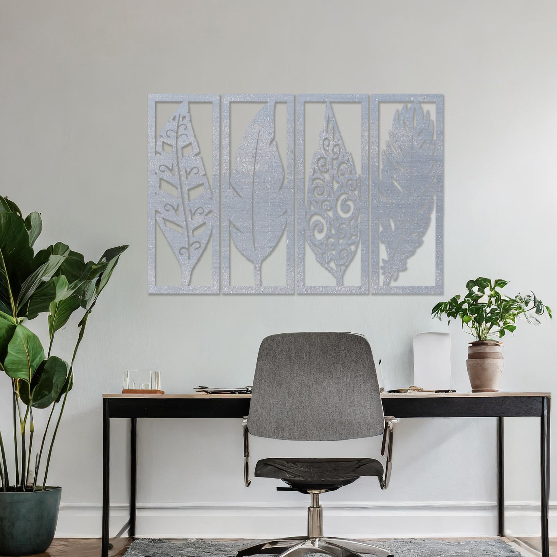 Wooden wall art design featuring five vertical panels, each with a different leaf design, placed on a neutral wall within modern room decor. The design combines organic shapes with intricate details for a natural yet elegant aesthetic.