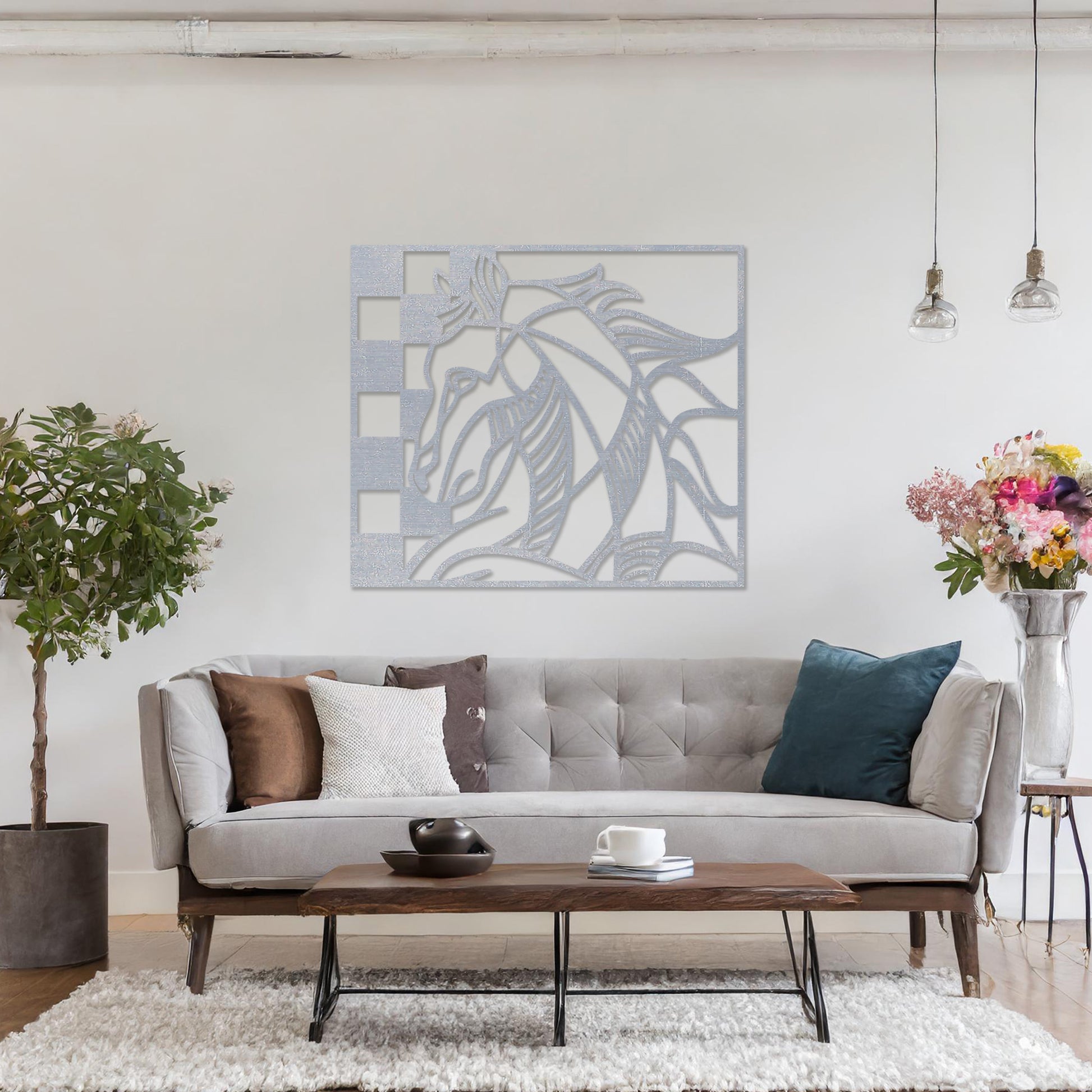 Wooden wall art design featuring a stylized horse's head integrated with geometric checkered patterns, placed on a neutral wall within elegant room decor. The design combines the beauty of nature with modern, abstract elements for a dynamic and artistic look.