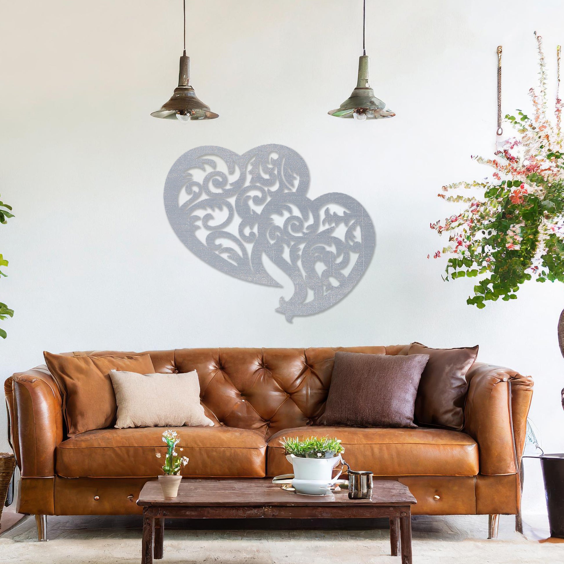 Wooden wall art design featuring two interlocking hearts with intricate swirling patterns, placed on a neutral wall within modern room decor. The design combines elegance and romance with its flowing shapes and fine details.