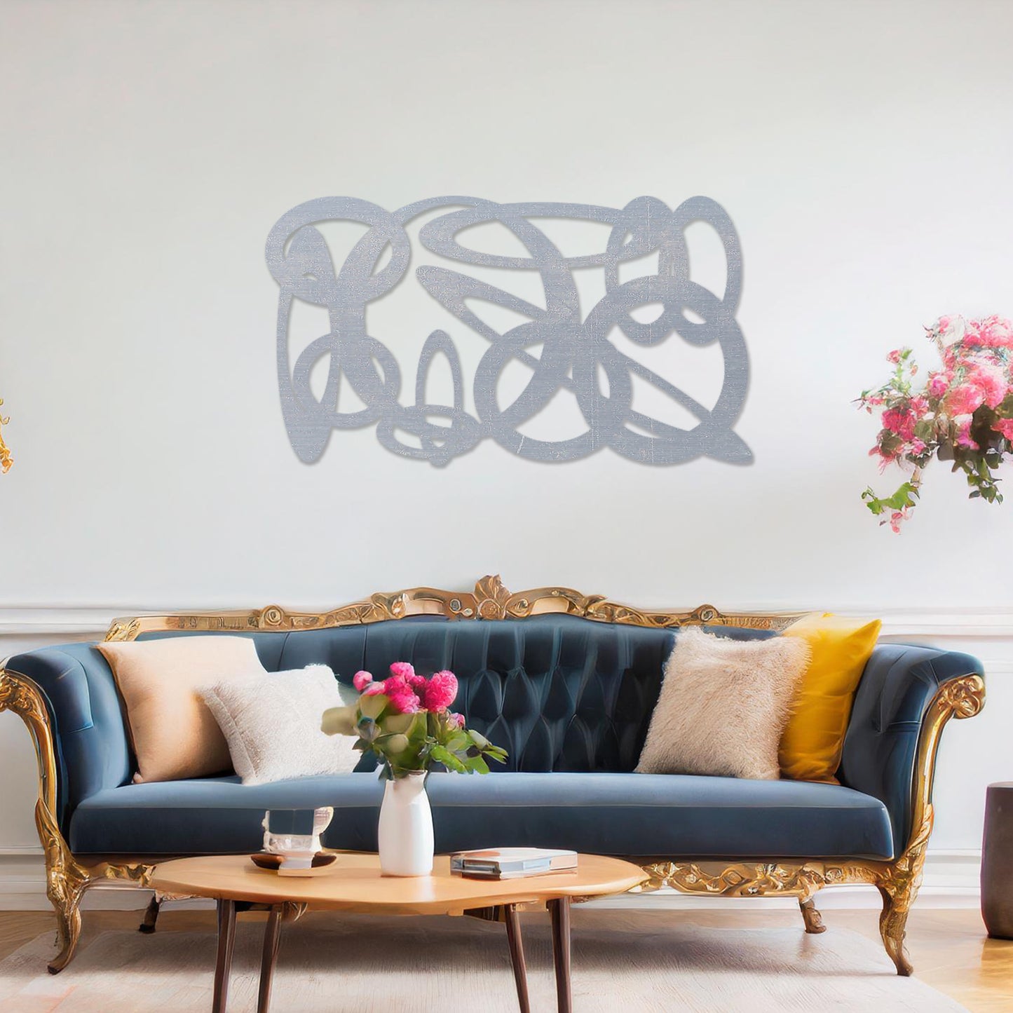 Wooden wall art design featuring an abstract composition of interwoven loops and shapes, placed on a neutral wall within modern room decor. The design combines flowing lines and organic forms for a contemporary, artistic feel.