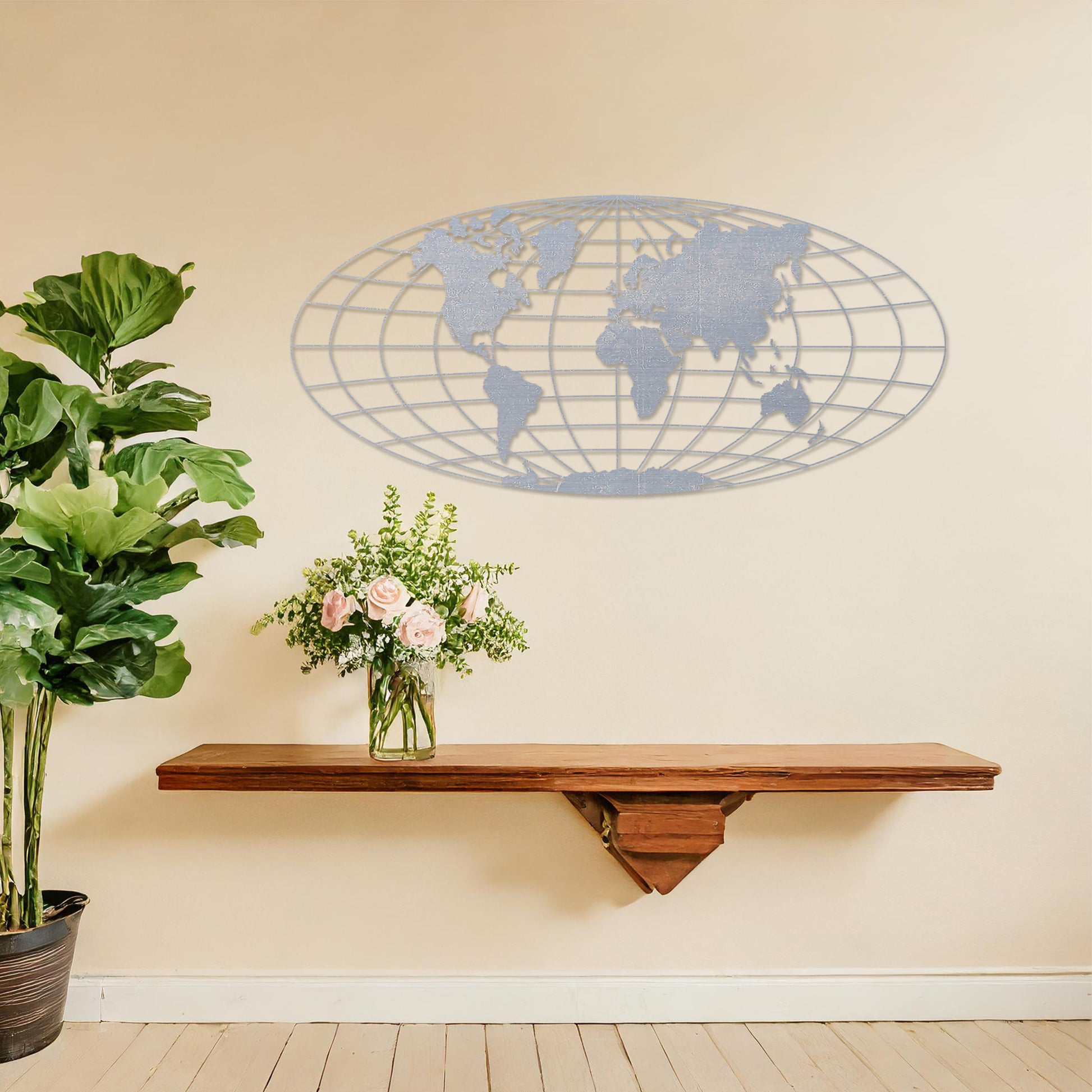 Wooden wall art featuring an oval world map design with detailed continents outlined on a grid, displayed on a neutral wall within modern room decor, showcasing its elegant and contemporary craftsmanship.