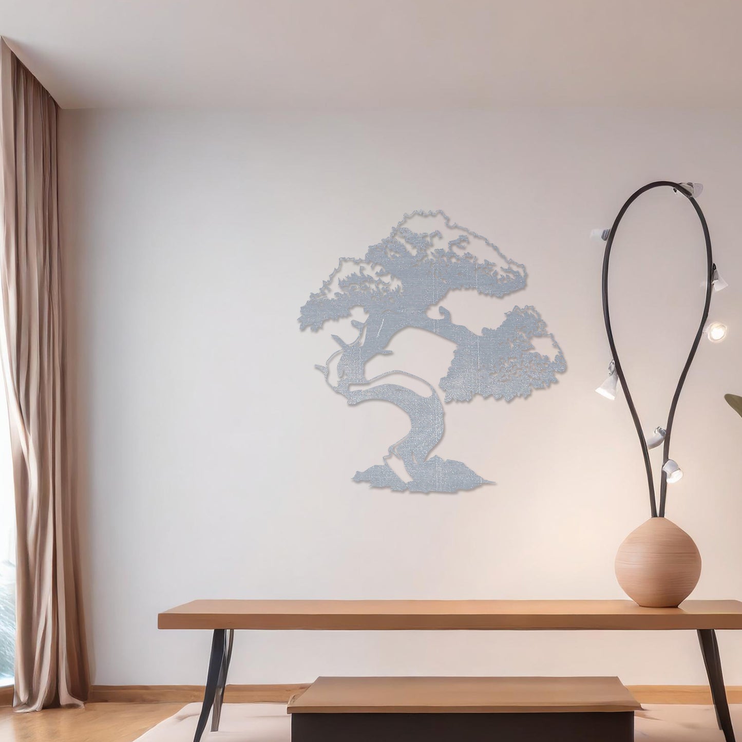 Wooden wall art featuring a bonsai tree design with intricate branches and a curved trunk, displayed on a neutral wall within modern room decor, showcasing its artistic and nature-inspired craftsmanship.