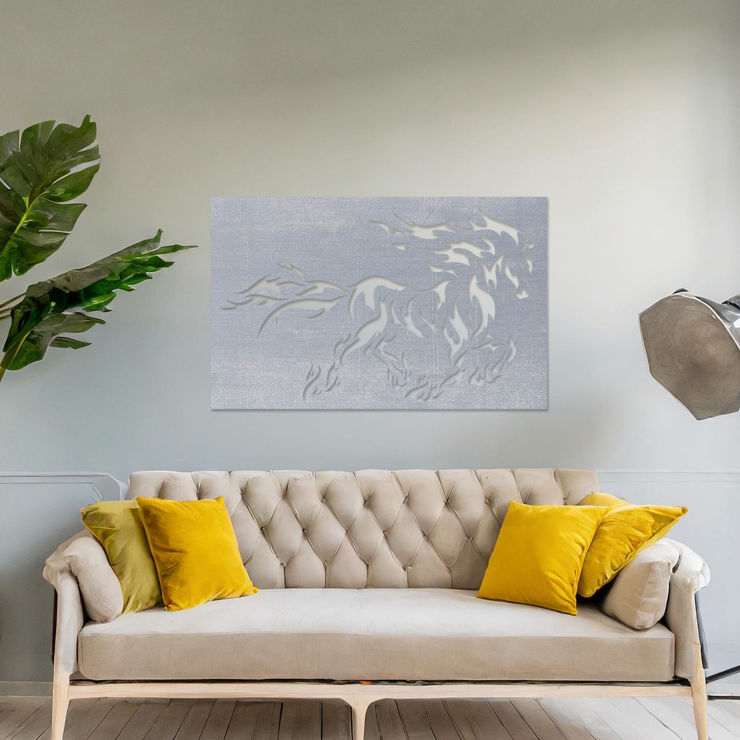 Wall art featuring a dynamic silhouette of a galloping horse with flame-inspired details creating a bold and striking design. The piece is displayed on a neutral wall within modern decor, serving as an eye-catching and artistic focal point.