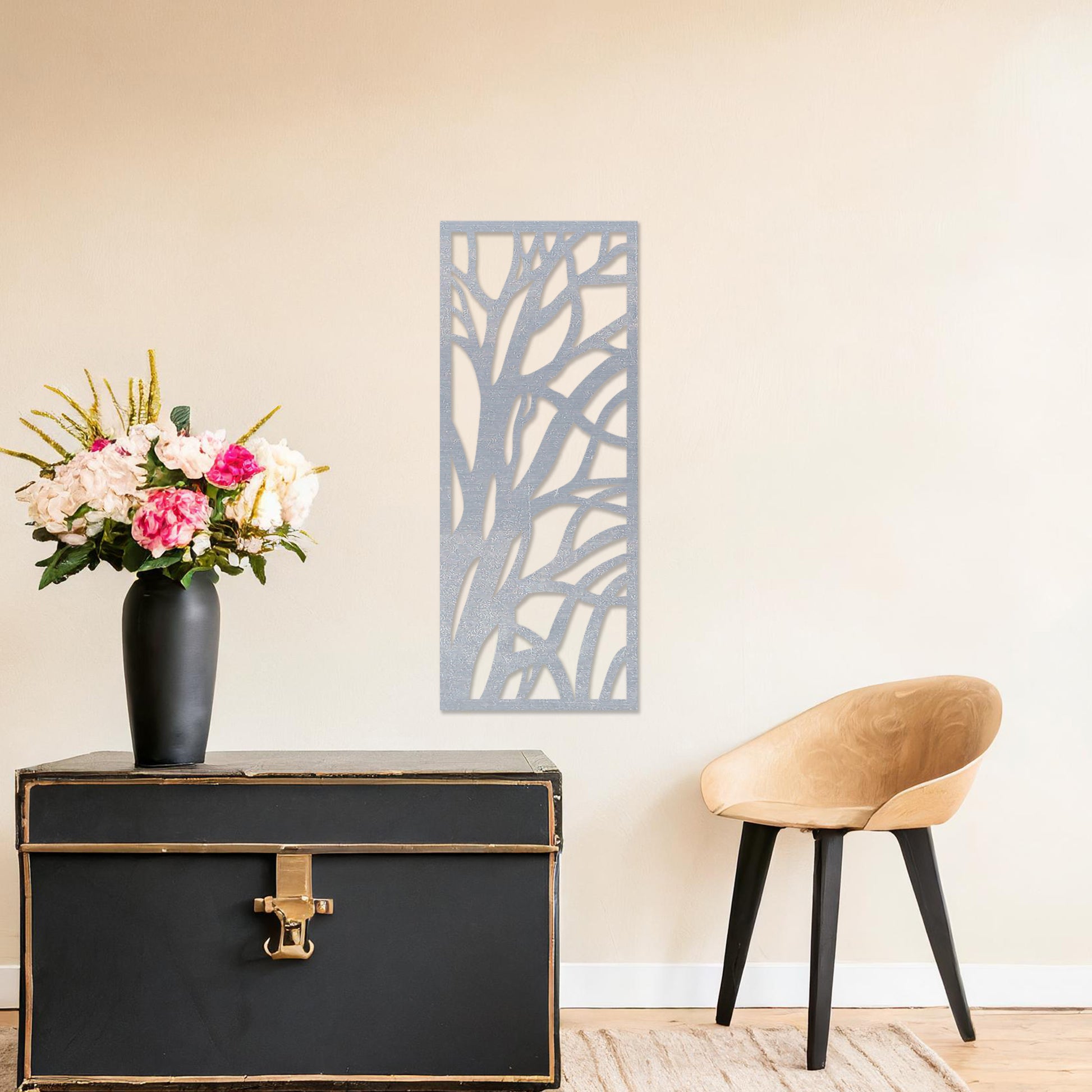 Wooden wall art featuring a rectangular design with an abstract tree branch pattern. The artwork is displayed on a neutral wall within modern room decor, emphasising its minimalist and natural aesthetic.