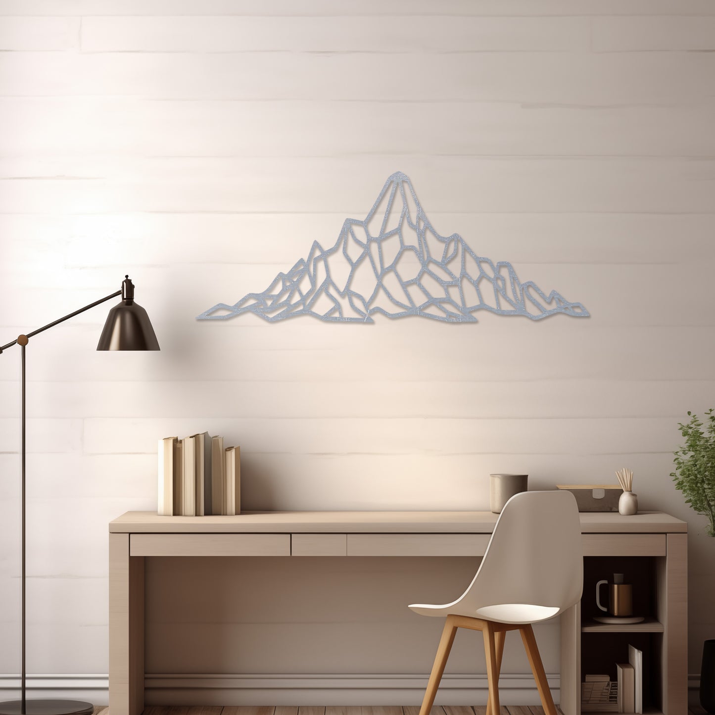 Wooden wall art featuring a geometric mountain range design with angular, interconnected shapes. The artwork is displayed on a neutral wall within modern room decor, emphasising its bold and minimalist aesthetic.