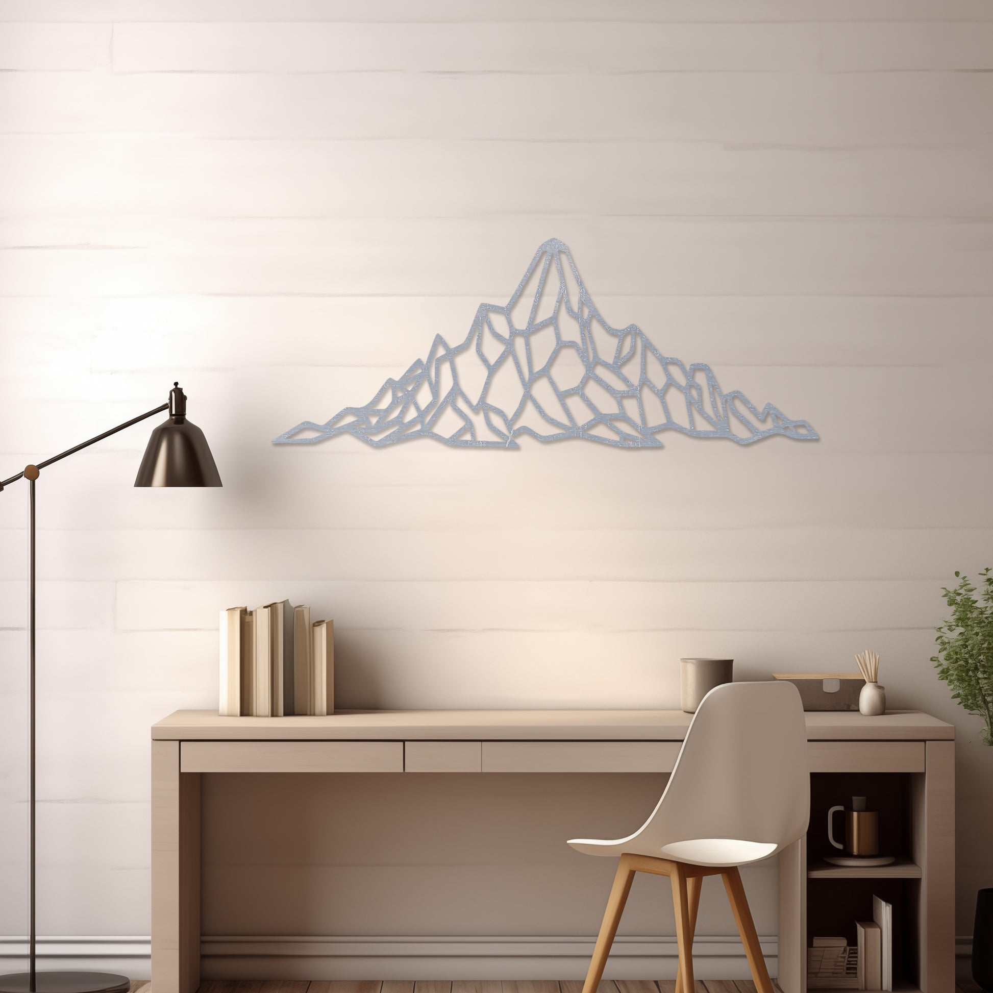 Wooden wall art featuring a geometric mountain range design with angular, interconnected shapes. The artwork is displayed on a neutral wall within modern room decor, emphasising its bold and minimalist aesthetic.