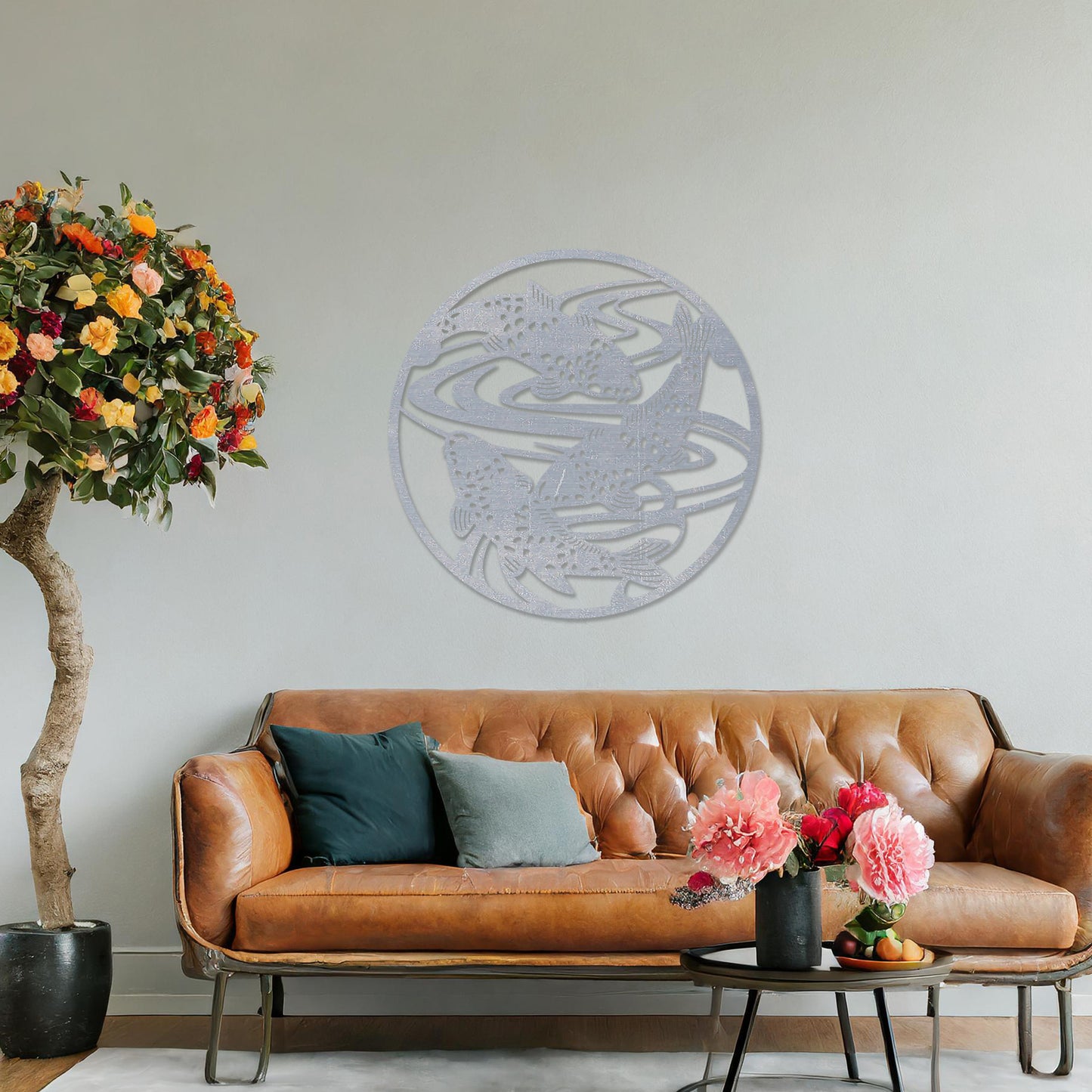 Wooden wall art design featuring koi fish swimming in circular patterns, framed in a round shape, placed on a neutral wall within modern room decor. The design evokes tranquility and movement with its elegant depiction of nature.
