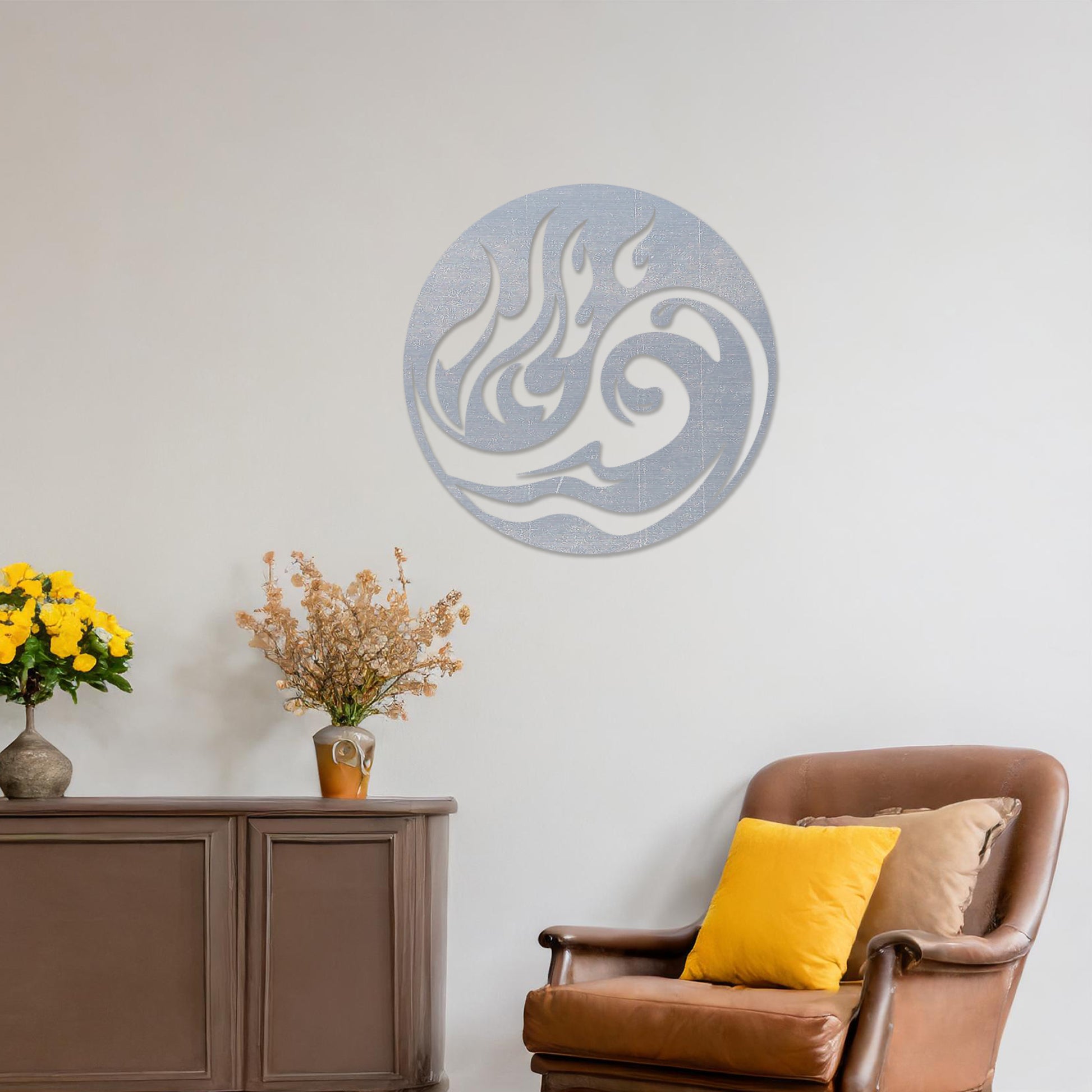 Wooden wall art featuring a circular design combining fire and wave motifs in a flowing, abstract style. The artwork is displayed on a neutral wall within modern room decor, highlighting its dynamic and artistic appeal.
