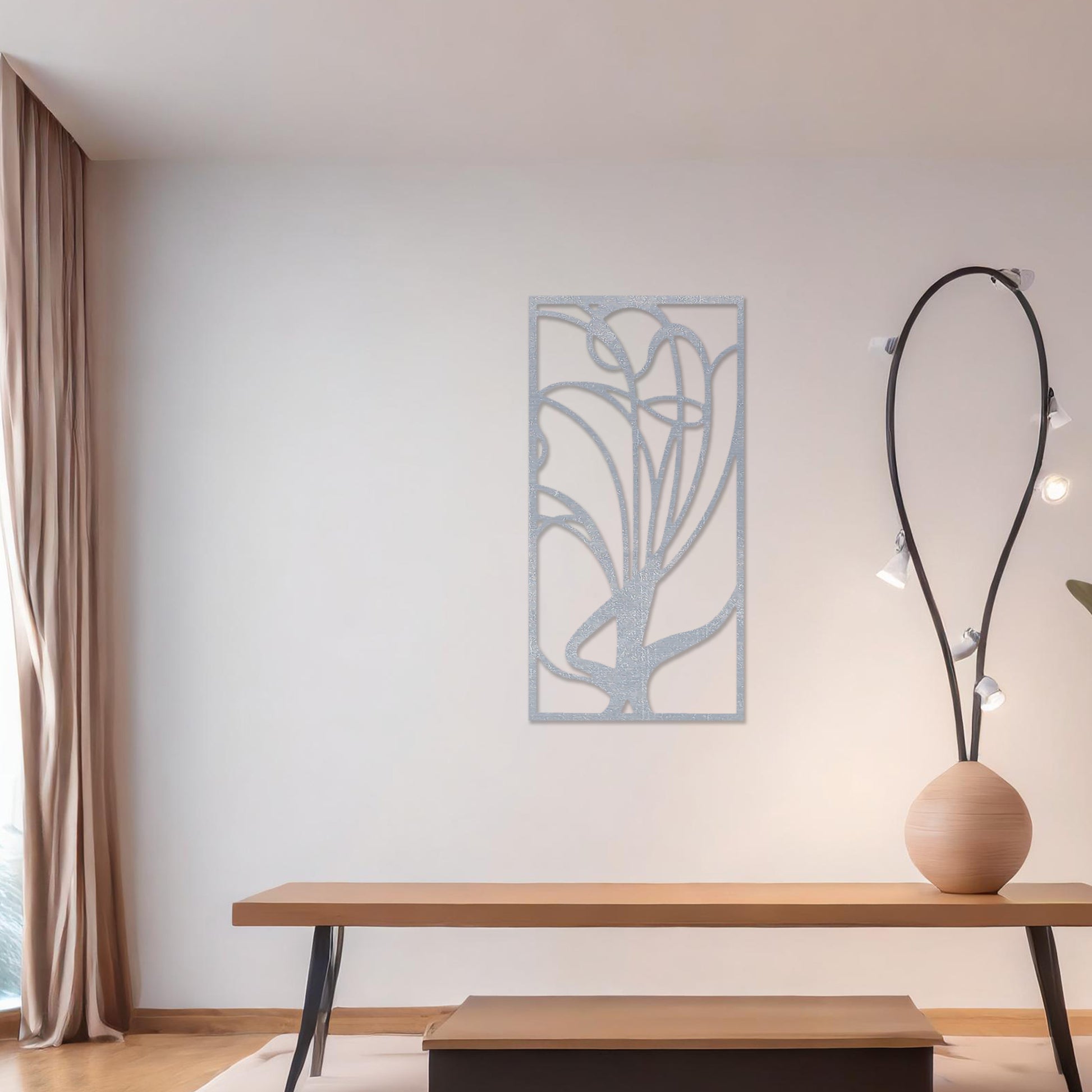 Wooden wall art featuring an abstract floral-inspired design with flowing lines, displayed on a neutral wall within modern room decor, showcasing its elegant and artistic craftsmanship.