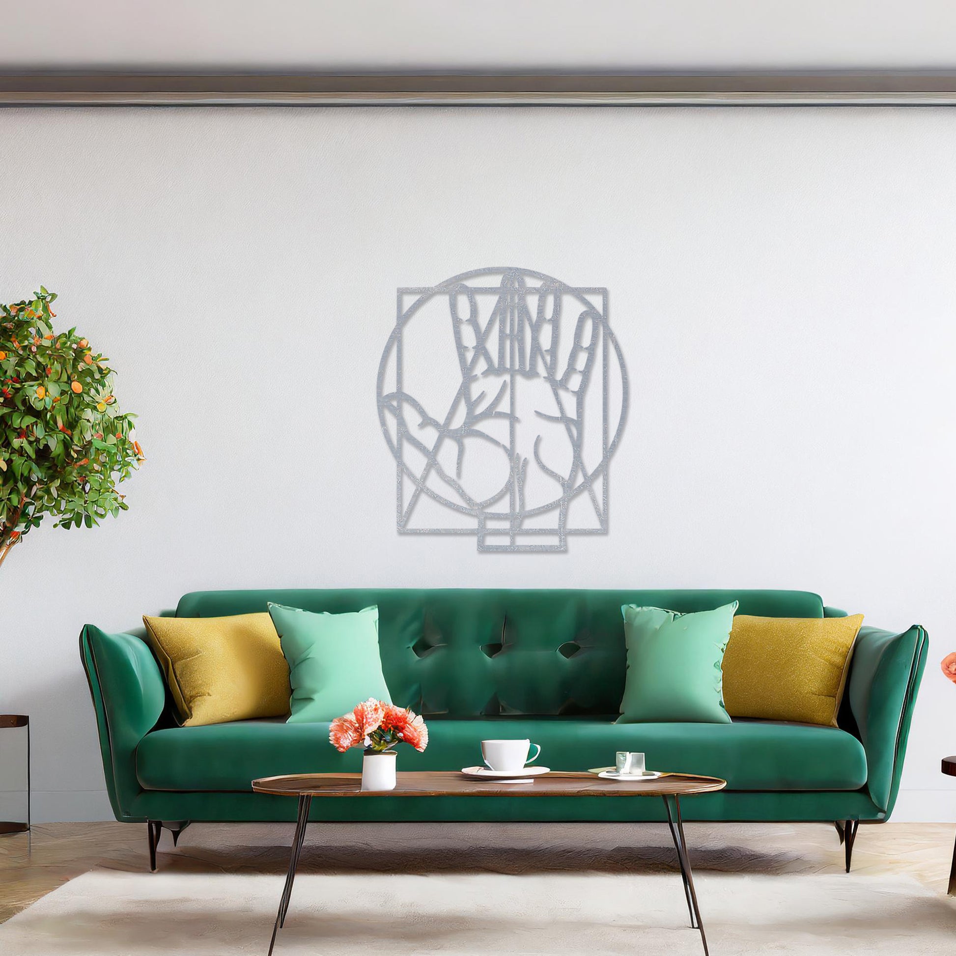 This design features a geometric and minimalist representation of a hand, framed within a circle and square. The clean lines and balanced shape create a modern, artistic effect perfect for contemporary spaces.