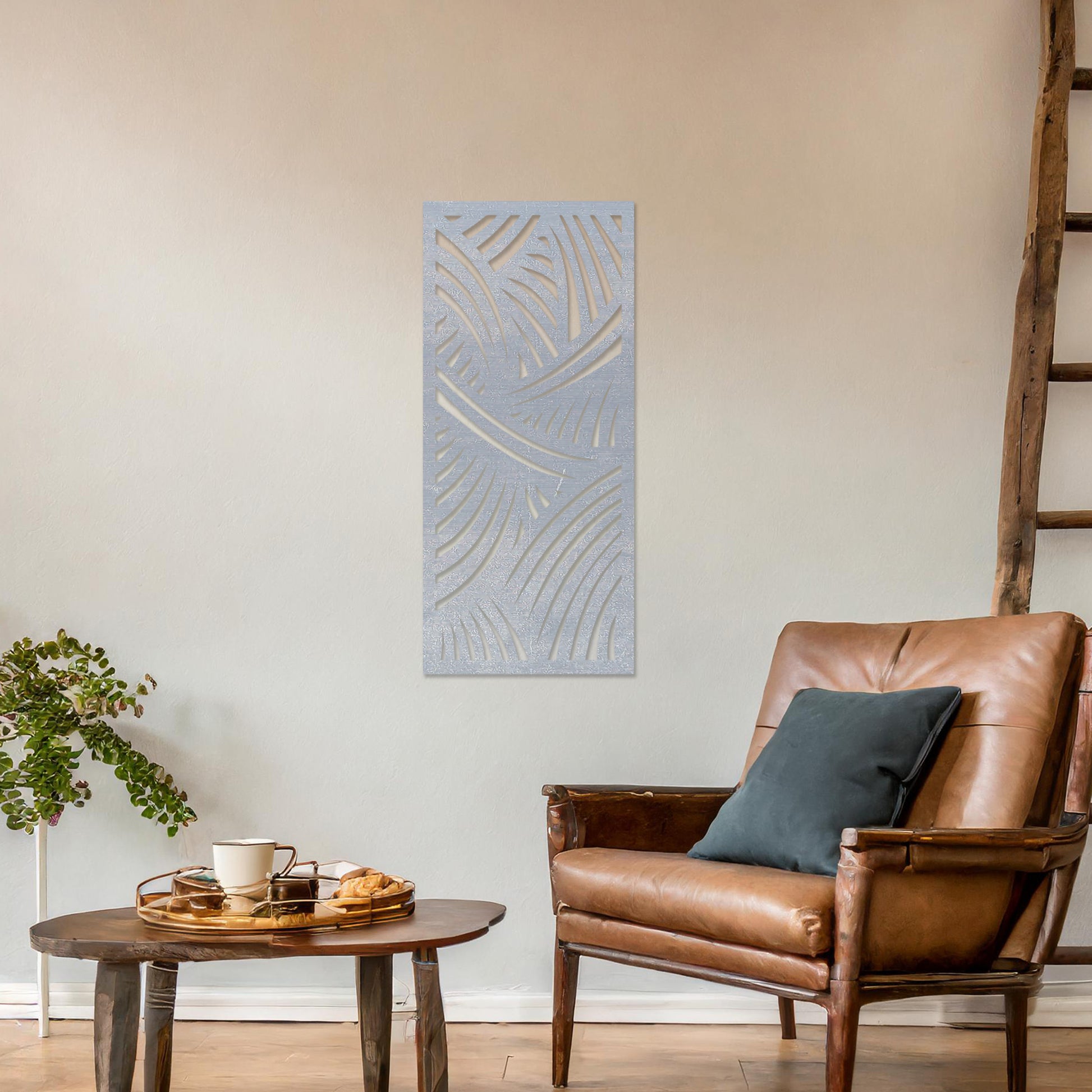 Wall art featuring an abstract design with intersecting curved lines creating a dynamic pattern. The piece is displayed on a neutral wall within modern decor, adding a bold and artistic statement to the space.