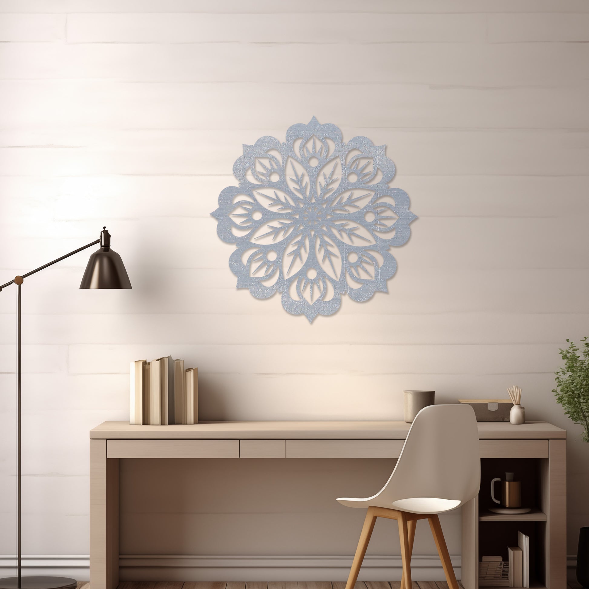 Wooden wall art featuring a circular mandala design with intricate floral and geometric patterns. The artwork is displayed on a neutral wall within modern room decor, highlighting its artistic and symmetrical elegance.