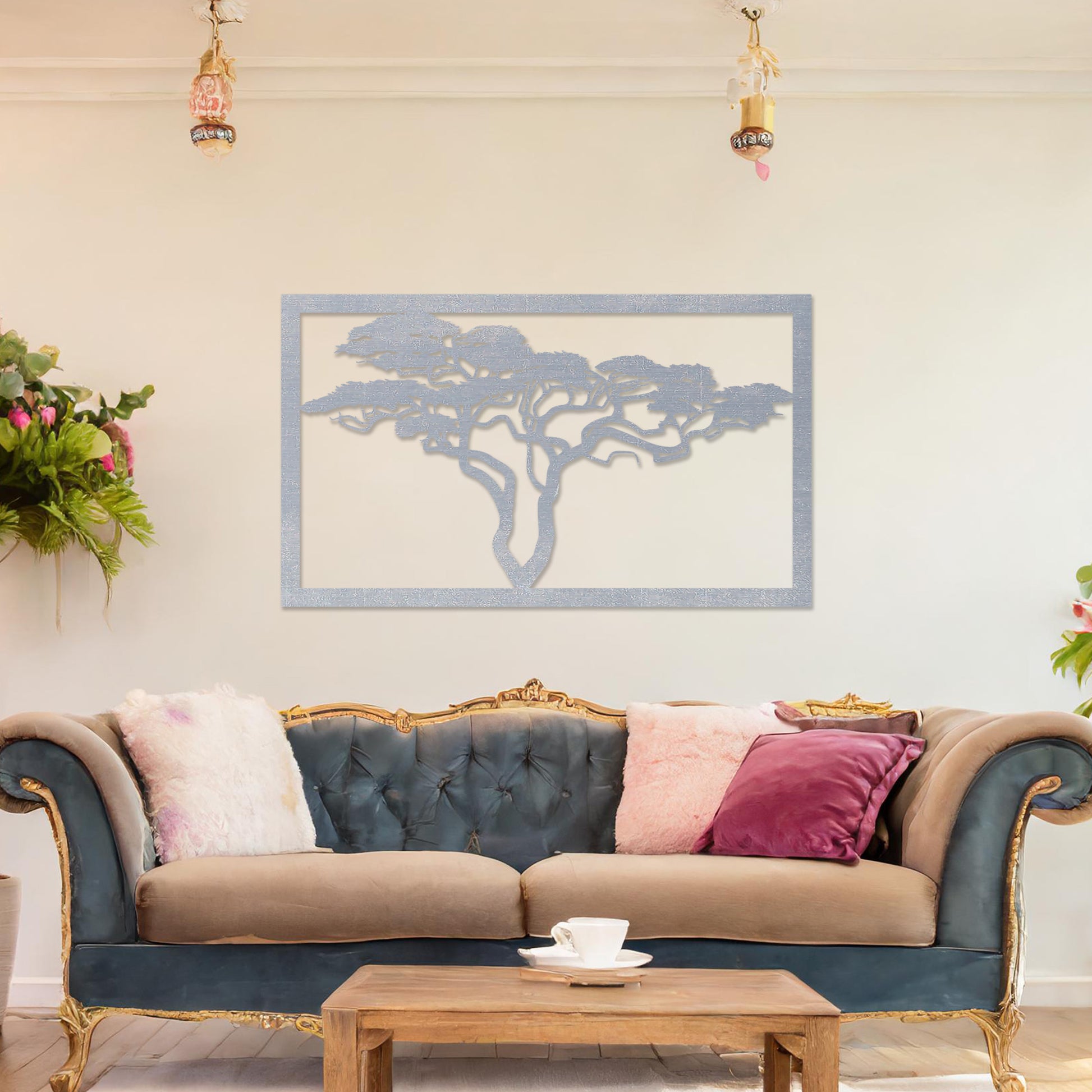 Wooden wall art featuring a rectangular design with a detailed silhouette of a tree with sprawling branches. The artwork is displayed on a neutral wall within modern room decor, showcasing its natural and artistic elegance.